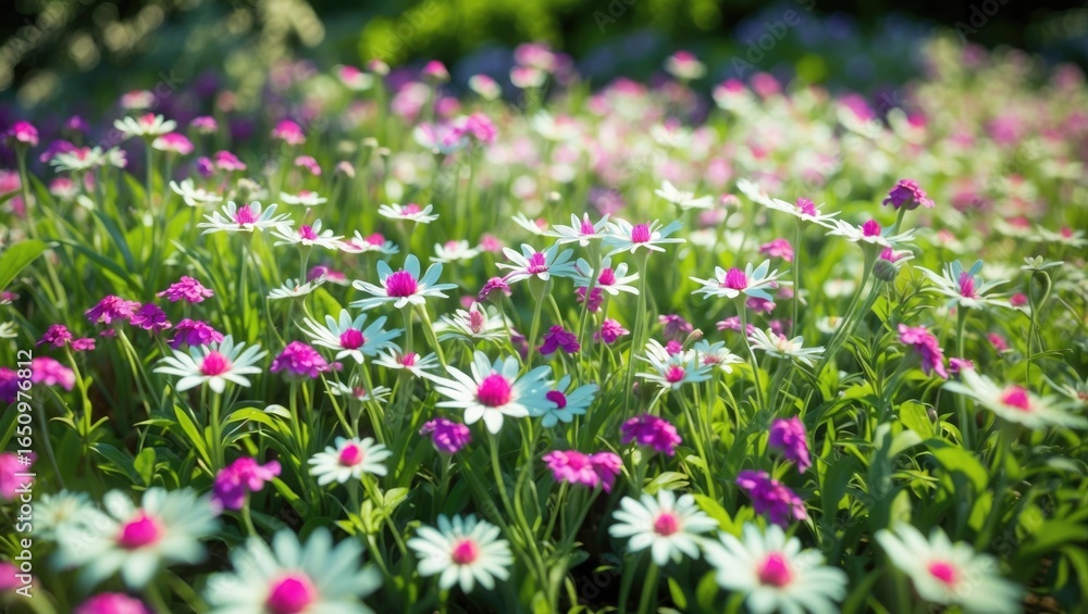 Obraz premium Colorful daisies and pink flowers blooming in a lush green garden. Nature and floral scene. Spring and season of growth. The concept of garden beauty and plant life.