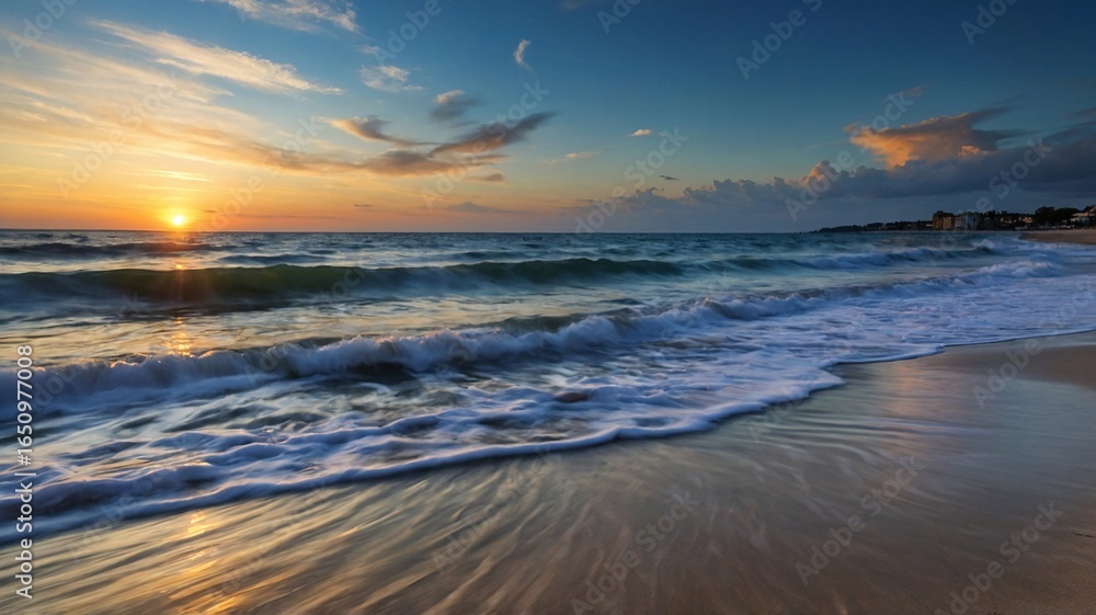 Obraz premium Tranquil sunset over the ocean, showcasing vibrant colors and gentle waves lapping at the shore.