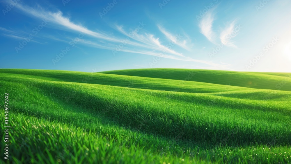 Fototapeta premium Vast green fields and grasslands under a bright blue sky with white clouds. Landscape and nature scene. Peaceful and scenic agricultural environment.
