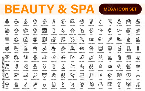 Beauty and spa outline icon set. Includes skincare, wellness, facial treatments, massage therapy, aromatherapy, cosmetics, grooming tools, and salon essentials.