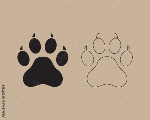 Black and outline paw prints on a textured brown background