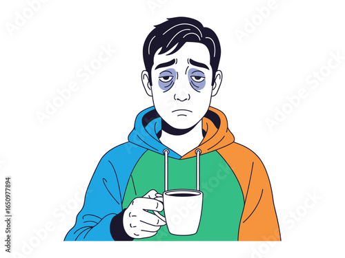 Morning Fatigue: A somber figure, battling the effects of sleeplessness, clutches a warm mug of coffee, the lines under his eyes whispering tales of a restless night.