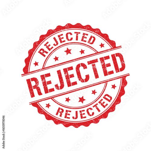 Red Rejected Stamp on White Background Round Seal with Distressed Texture and Bold Lettering conveying the concept of disapproval and denial in business or creative projects