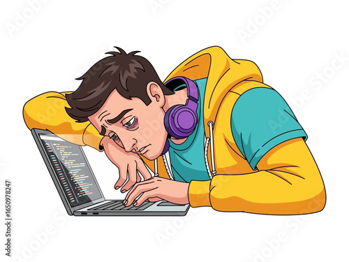 Exhausted Programmer: A weary programmer, leaning on a laptop displays lines of code, the headphones resting around the neck, illustrating the demanding nature of the digital world.