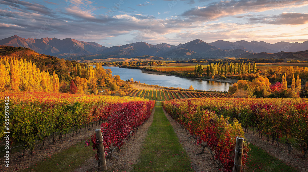 Naklejka premium Stunning autumn vineyards of chard farm, new zealand, suitable for travel brochures, wine labels, website banners, and social media posts.