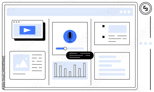 Digital interface showcasing a voice command icon, video content, graphs, text cards, and interactive sliders. Ideal for technology, AI, automation analytics media organization UX design. Modern