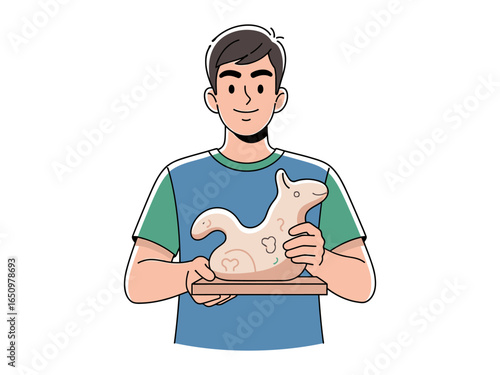Artist Holding Ceramic Sculpture: The artist proudly presents his finished ceramic sculpture, holding it with care. The piece captures a sense of skill and creativity.