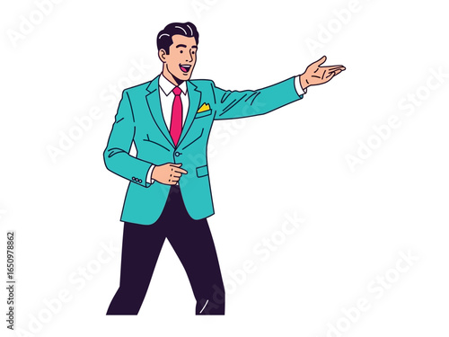 Elegant Host in Action: A dapper host, impeccably dressed and animated, extends his arm in a gesture of welcome and expression, his smile hinting at the excitement to come.