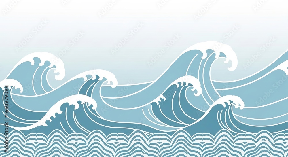 Naklejka premium Stylized ocean waves in varying shades of blue create a serene coastal atmosphere.