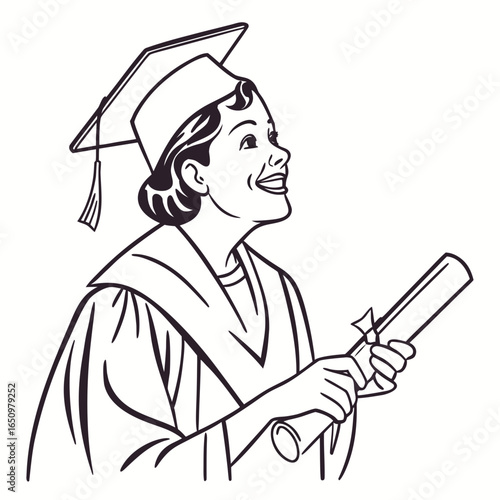 Joyful graduate holding diploma wearing cap and gown