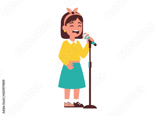 Girl singing: An engaging illustration of a cheerful girl confidently singing into a microphone, fully immersed in the performance. She embodies joy and passion.