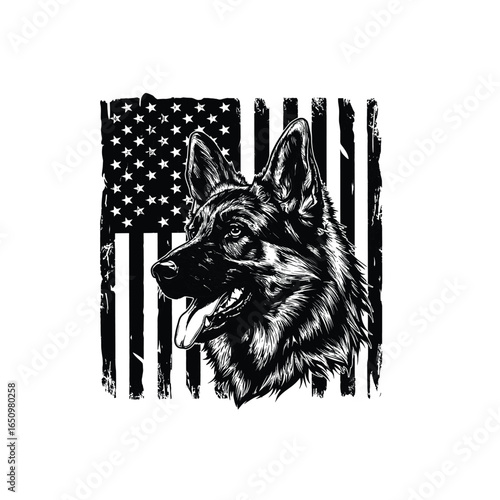 Patriotic German Shepherd Portrait in Black and White with Distressed American Flag Backdrop Showcasing Loyalty and Pride Perfect for TShirt Designs and Patriotic Art
