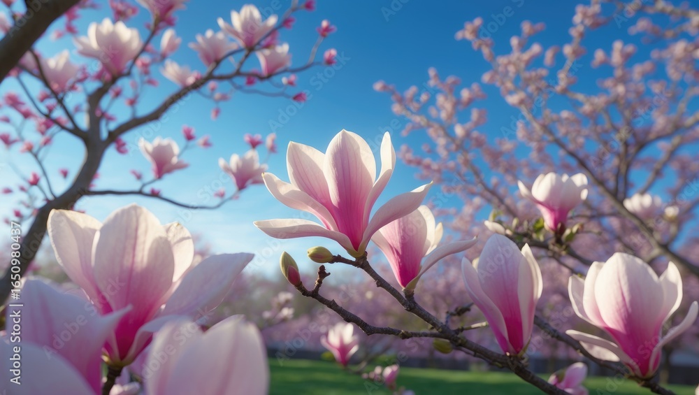 Obraz premium Magnolia blossoms in spring with pink and white flowers on tree branches against a clear blue sky. Beautiful blooming flowers in nature.