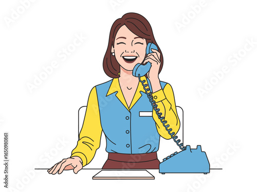 Cheerful Chat: A smiling, office worker engaged in a vibrant phone conversation. Depicting the friendly and approachable demeanor of customer service.