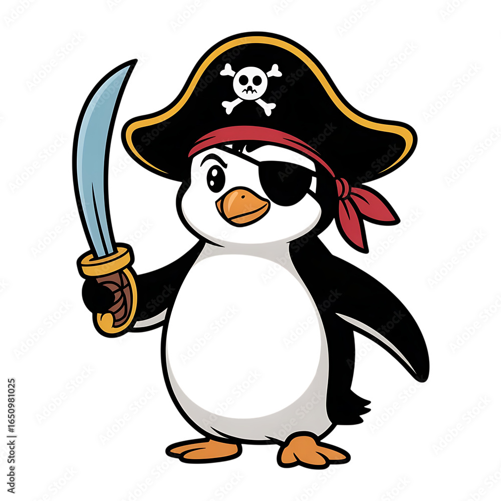 Fototapeta premium Cartoon penguin pirate with eye patch, hat, and saber isolated on transparent background