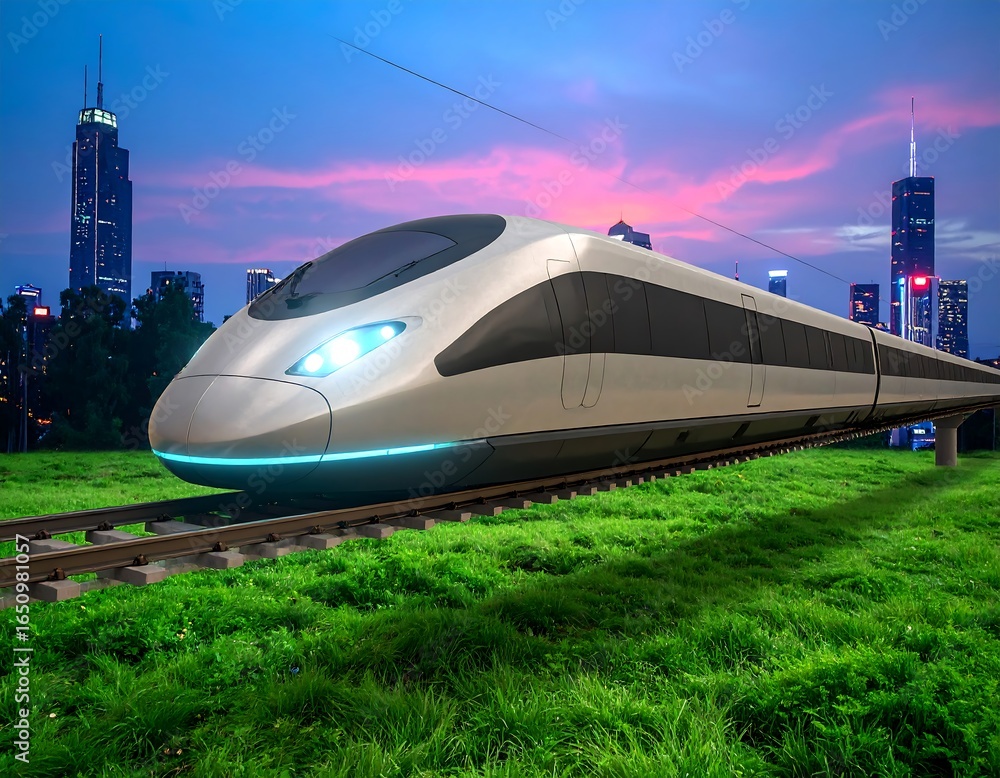 Fototapeta premium Futuristic train on a grassy embankment at twilight in a city