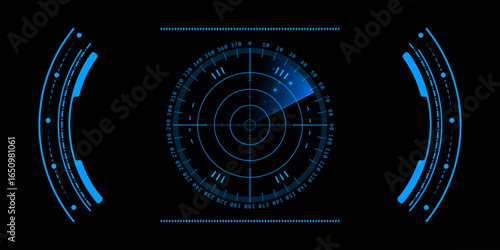 HUD radar tech with cyberpunk military screens and futuristic UI displays. AI scanning interfaces for virtual cockpits or spaceship dashboards. Digital hologram systems with target grids for game.