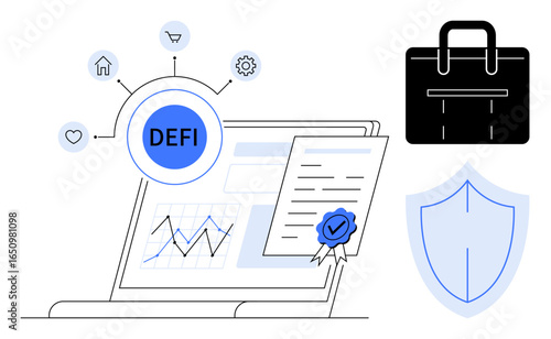 Laptop screen displays financial graphs with DeFi elements, certificate, shield, and icons for technology, security, and growth. Ideal for finance, innovation, blockchain security investment