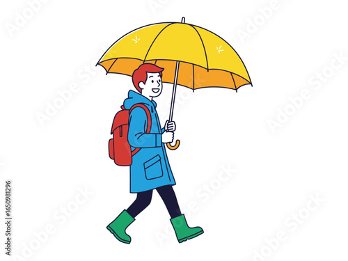 Under the Yellow Umbrella: A cheerful individual strolls through the rain under a bright yellow umbrella, enjoying the day with a backpack and rubber boots.