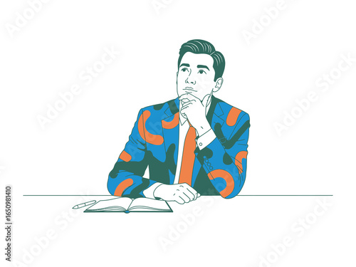 contemplative thought: A thoughtfully dressed individual rests his chin upon his hand, gazing upwards with a pencil and journal at his side, contemplating ideas and concepts in a minimalistic setting.