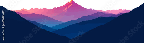 Pixelated mountain range with a prominent pink and purple summit, set against a clean white background, evoking a sense of serene, majestic natural beauty
