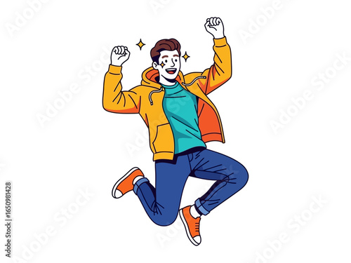 Joyful Leap: An energetic young man celebrates with a jump, radiating positivity and jubilation, illustrating concepts of success and freedom.