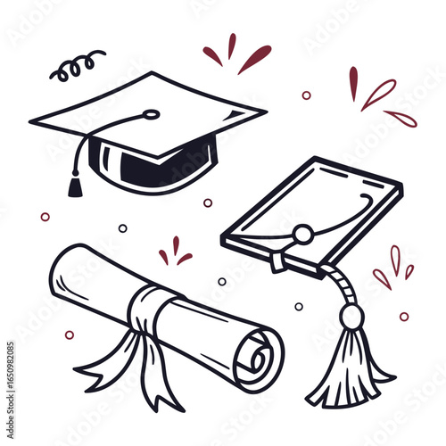 Graduation caps and diploma scroll doodle tassel education