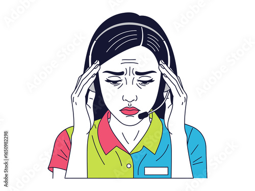 Stressed Customer Support: An expressive line drawing captures a woman's visible stress, head held by hand, a headset suggesting a difficult day in customer service, where tension is real.