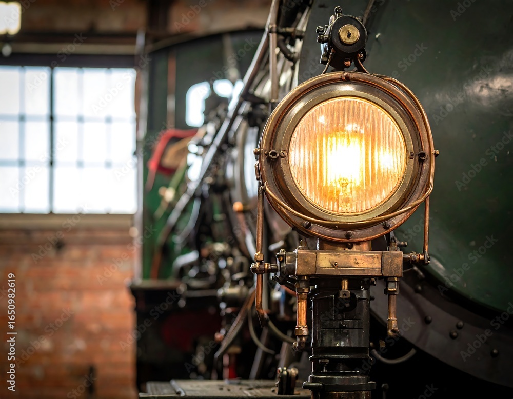 Fototapeta premium Nostalgic glow: Close-up of a vintage steam train headlight in a depot