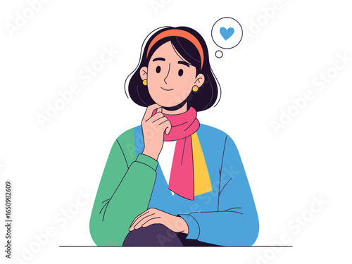 Affectionate Contemplation: A thoughtful woman is lost in sweet reverie, a whimsical heart floating above her head, symbolizing love and cherished affection