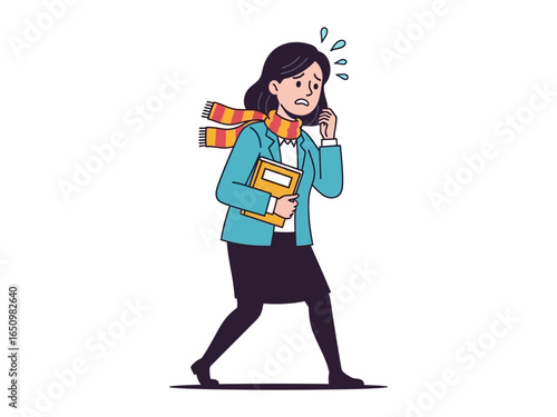 Freezing Cold: A person bundled in a scarf and carrying a file appears to be feeling the chills with a distressed expression