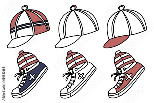 Collection of baseball caps and sneakers isolated on white background