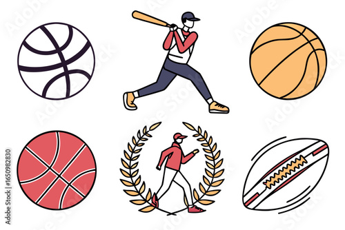 Collection of sports balls and athletes playing sports isolated on white background