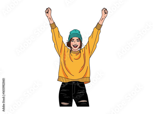 Celebrating Achievement: A lively illustration captures a young woman in a moment of unbridled joy, arms raised high in triumphant celebration. This piece conveys the thrill of victory.
