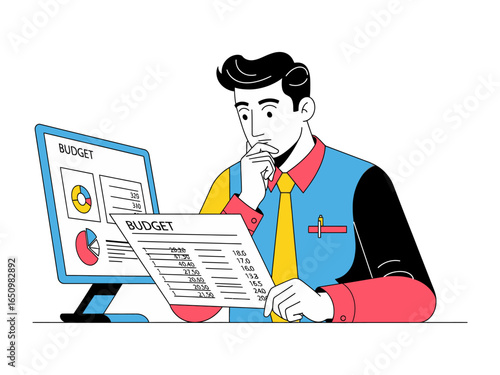 Budgeting and Analysis: A diligent person, engrossed in meticulous analysis of a complex budget and financial data using digital and physical resources.