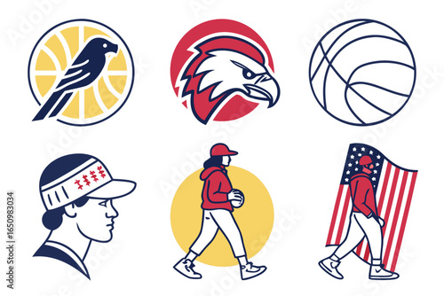 Collection of sports logos and illustrations including basketball, eagle, bird, and baseball