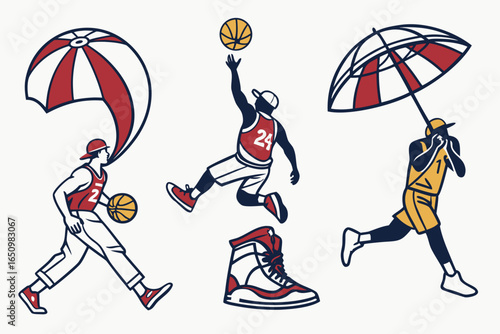 Basketball players with umbrellas isolated on white background