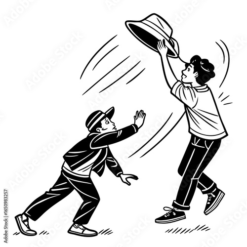 Boys tossing hat in air motion