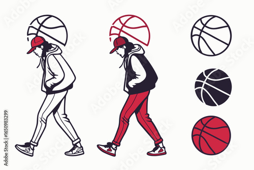 Basketball player walking with a basketball isolated on white background