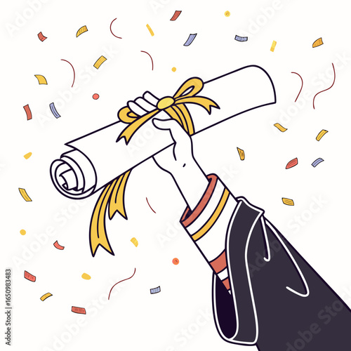 Hand holding graduation diploma scroll with confetti