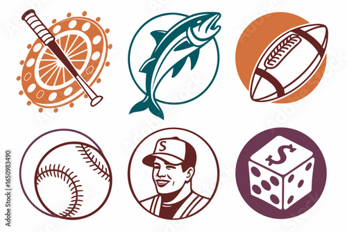 Collection of sports and gambling icons including baseball, football, fish, and dice
