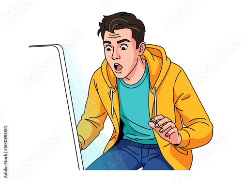 Man's Digital Disbelief: A man, his face etched with shock and disbelief, gazes intently at a digital display, seemingly overwhelmed by what he sees.