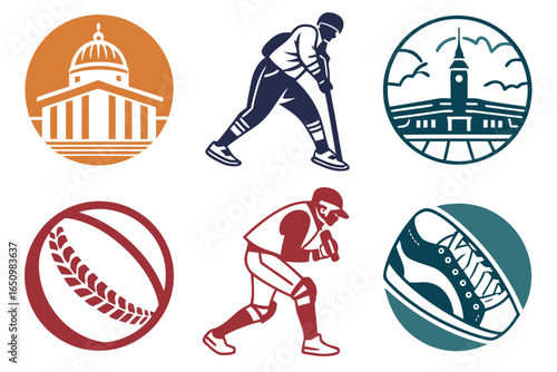 Baseball player action icons with building and shoe graphics