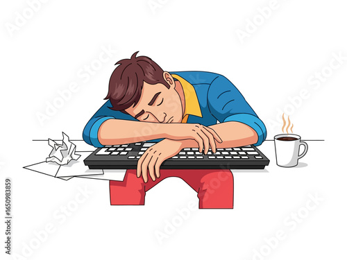 Exhaustion at Desk: A cartoon image shows a man slumped over his desk, a symbol of workplace burnout, fatigue, or stress. Beside him lies a crumpled paper, a cup of coffee.