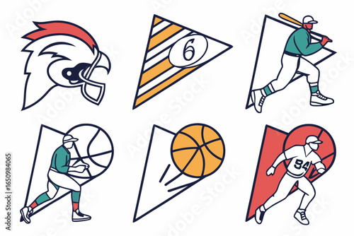 Collection of sports icons including baseball, basketball, and football