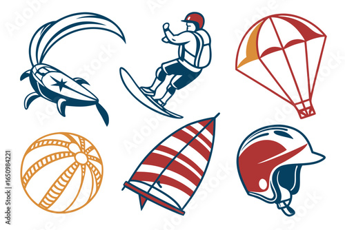 Collection of water sports and adventure activity icons isolated on white background