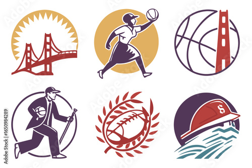 Collection of sports icons and emblems featuring iconic landmarks