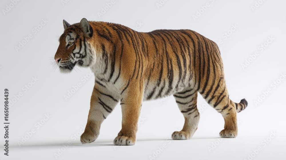 Fototapeta premium Striking tiger walking forward against a clean white background, showing stripes