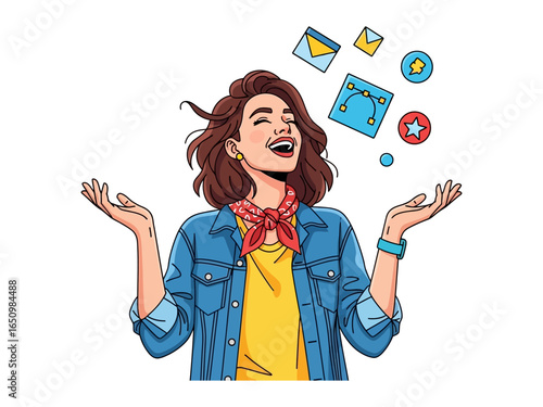 Dreamy Digital Design: An enthusiastic designer, embracing a vibrant burst of graphic elements, embodies the spirit of creative innovation and boundless possibilities.