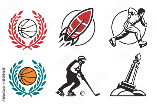 Collection of sport and space icons isolated on white background